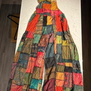 Bohemian Patchwork Wide-Leg Jumpsuit in Multicolor Overall